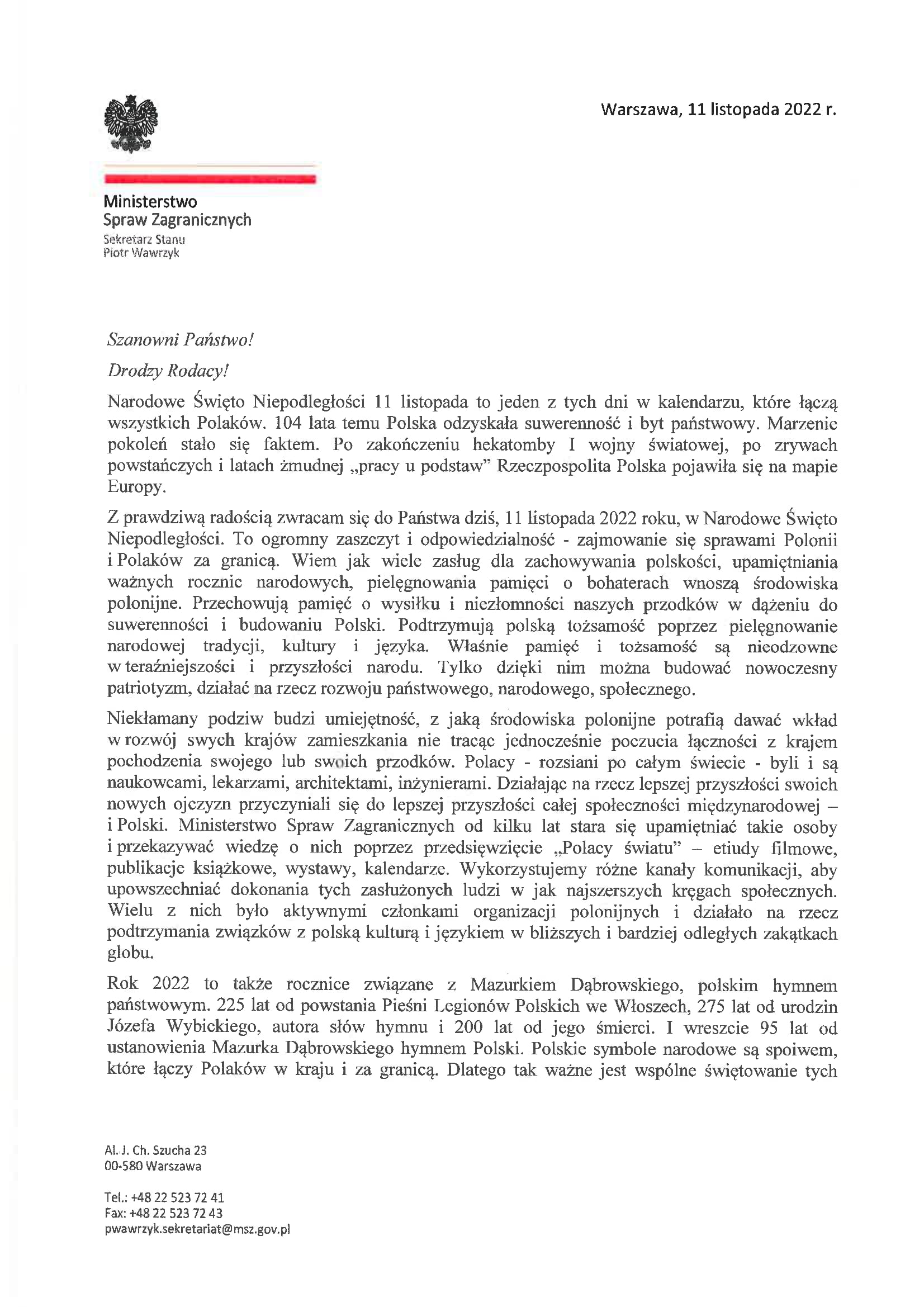 Lettera del Ministro Piotr Wawrzyk ai polacchi all’estero nel giorno della Festa dell’Indipendenza