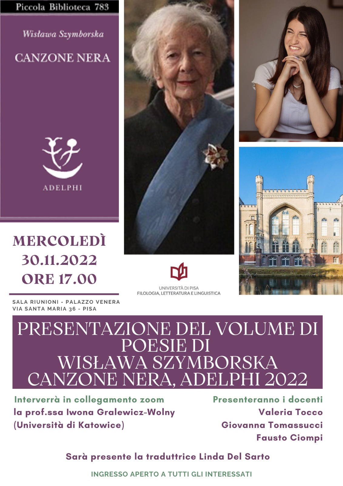 Pisa:  Presentazione del volume di poesie del Premio Nobel per la Letteratura Wisława Szymborska “Canzone nera”