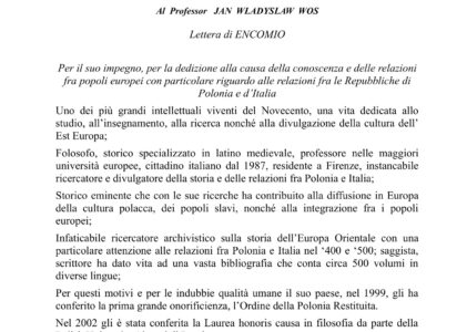 Il Presidente del Consiglio Comunale di Firenze conferisce la lettera di ENCOMIO al Professor Jan Władysław Woś