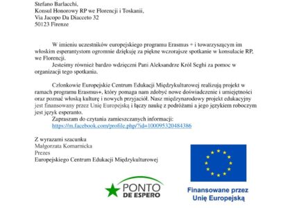 I ringraziamenti dai partecipanti polacchi del programma Erasmus+ e gli italiani esperantisti dalla Toscana