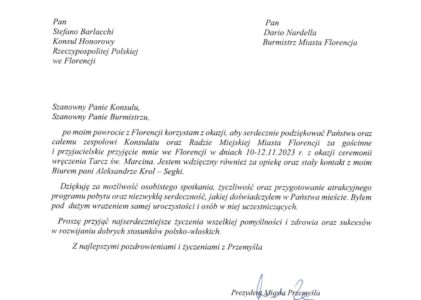 La lettera di ringraziamento dal Presidente di Przemysl Wojciech Bakun