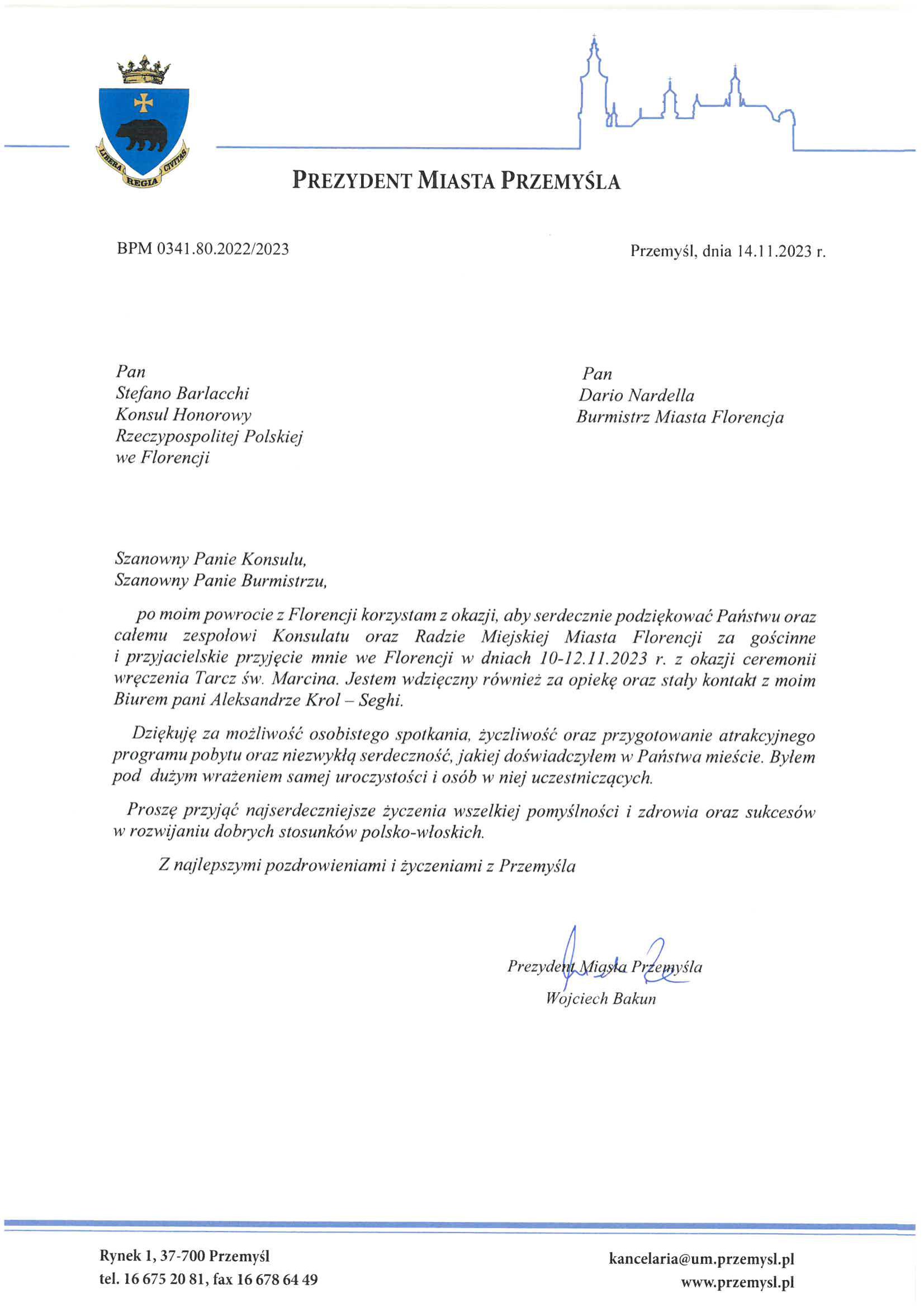 La lettera di ringraziamento dal Presidente di Przemysl Wojciech Bakun