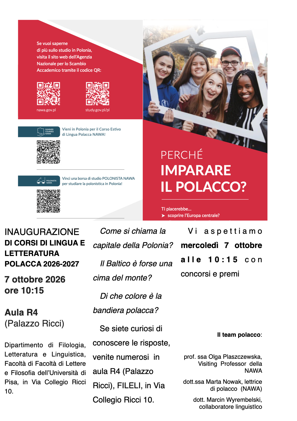 Pisa: Invito all’inaugurazione dei corsi di lingua e letteratura polacca